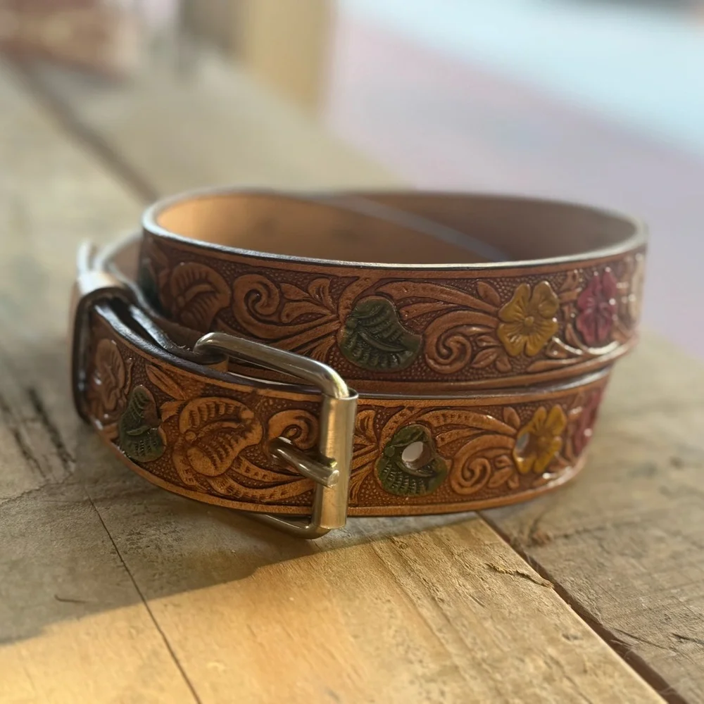 Floral Embossed Kids Belt - Brown and Green